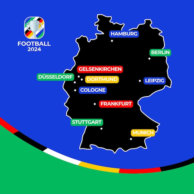 Vector football 2024 host cities vector map of germany with cities hosting the european football championship 2024