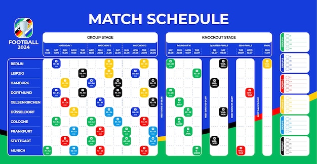 Football 2024 match schedule Football 2024 tournament final stage Match schedule template for web print football results table soccer championship vector illustration