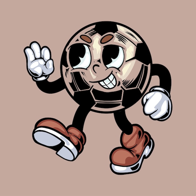 Football ball character Soccer ball in cap playing soccer vintage