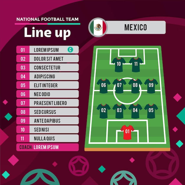 Vector football championship 2022 mexico team line up poster in flat design