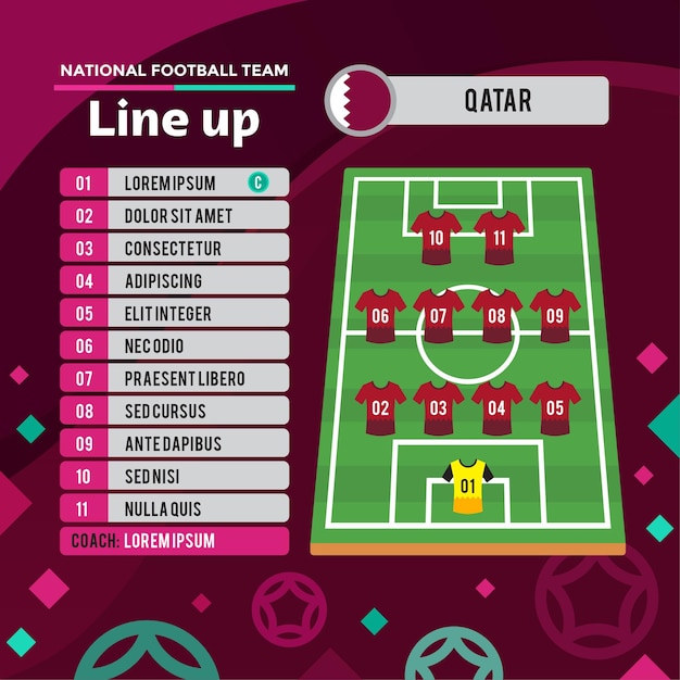 Football championship 2022 qatar team line up poster in flat design