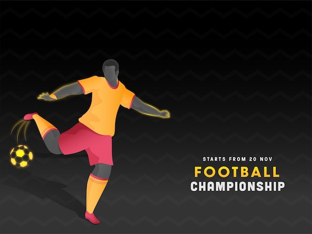 football championship concept with faceless male player kicking the ball on black zigzag lines background