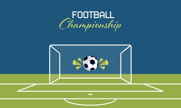 Football Championship Concept With Soccer Ball Hits Goal Net 3D Triangle Elements On Blue And Green Pitch Background