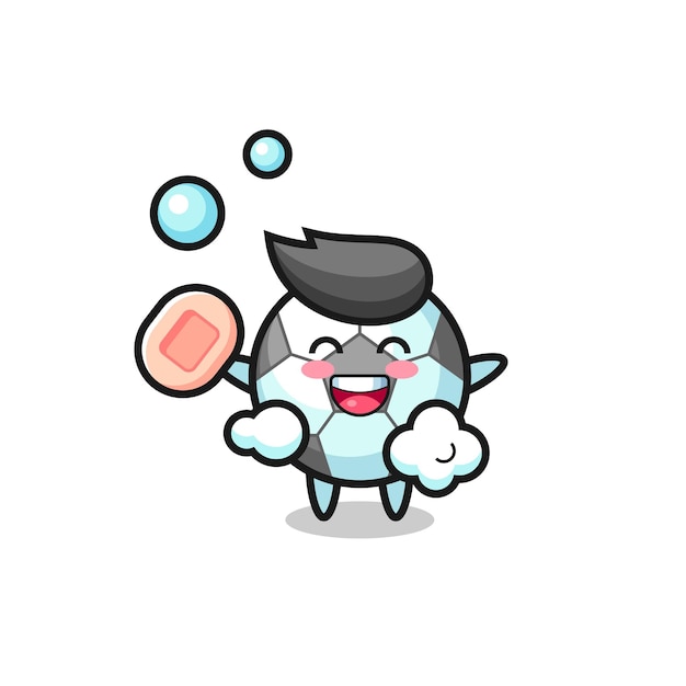 Football character is bathing while holding soap , cute style design for t shirt, sticker, logo element