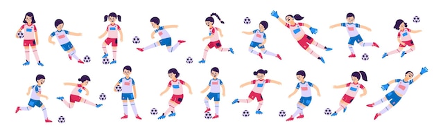 サッカーの子供たちのチームは、ゲームの分離ベクトルイラストの間にボールとさまざまなポーズで男の子と女の子のフラットなキャラクターを設定します