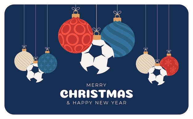 ベクトル サッカーのクリスマスグリーティングカード。メリークリスマスと新年あけましておめでとうございますフラット漫画スポーツバナー。背景のクリスマスボールとしてサッカーボール。ベクトルイラスト。