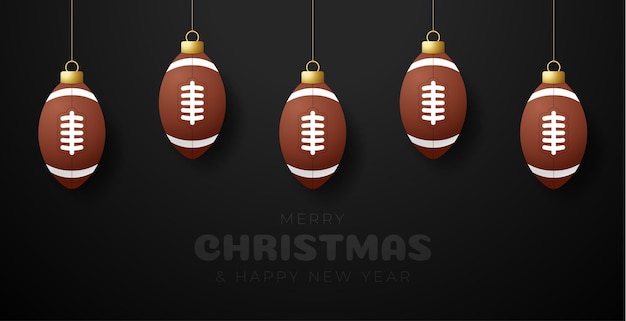 Football christmas greeting card. merry christmas and happy new year hang on a thread american football rugby ball as a xmas ball. sport vector illustration.