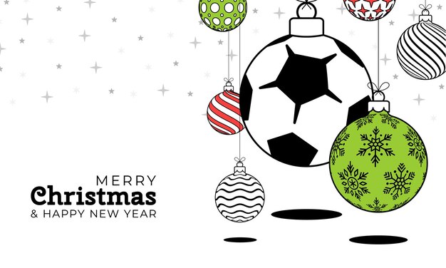 Vettore cartolina d'auguri di natale di calcio in stile linea alla moda buon natale e felice anno nuovo cartone animato sport banner pallone da calcio come una palla di natale su sfondo bianco illustrazione vettoriale