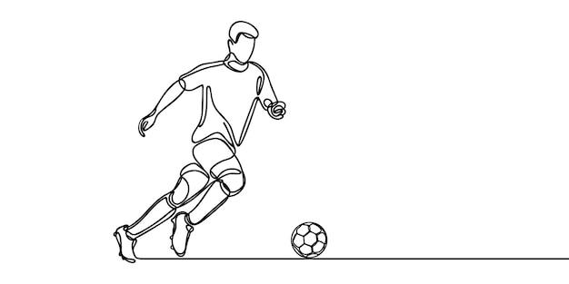 Vector football continuous line drawing illustration shows a football player kicks the ball soccer