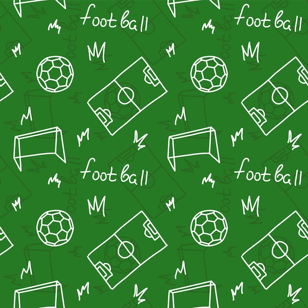 Football doodle seamless pattern with ball field gate and grass Vector stock illustration EPS 10