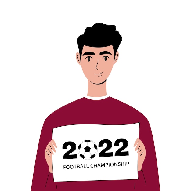 Football fan Qatar 2022 template Young man stands with football championship poster in his hands