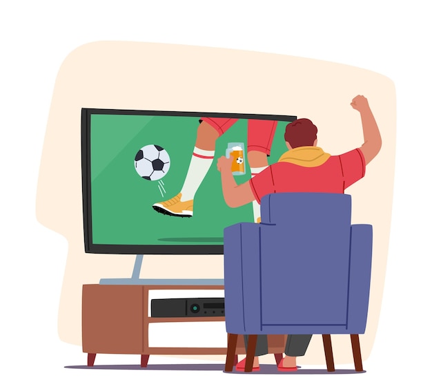 Vector football fan watching match at home on tv sitting on couch rear view excited man with beer cheering for favorite team