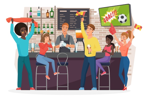 Vector football fans people drinking beer, having fun in pub bar