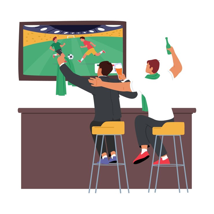 Vector football fans watching match male characters soccer supporters cheering for favorite team on tv sitting on bar chairs