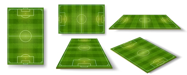 ベクトル サッカー場。サッカー場のスキームの上面、側面、および斜視図。緑の草のベクトルが設定された現実的なヨーロッパのサッカーコートまたはスタジアム。イラストサッカー場スキーム、アリーナスポーツ