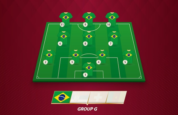 Football field with brazil team lineup for european competition