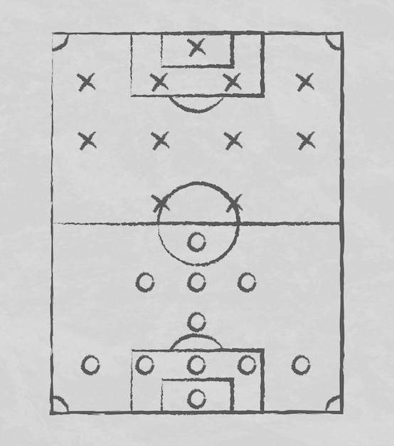 Tattiche di calcio e di calcio disegnate con un pennarello in gesso su una lavagna bianca vettore