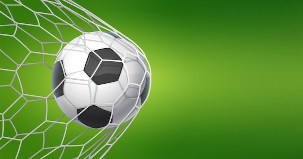 Football goal background. soccer banner with ball in net and place for text, sport game and football championship cut. vector illustration concept of goal in green