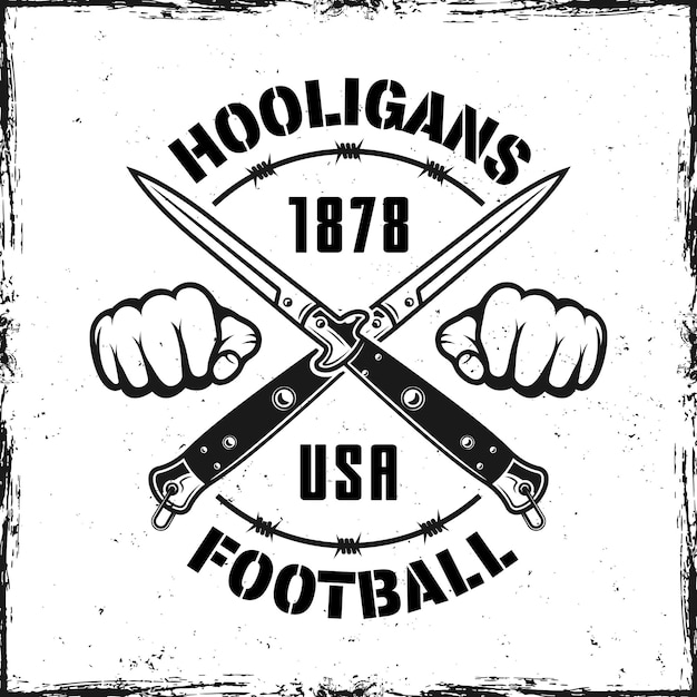 Football hooligans vintage emblem with two crossed knives vector illustration