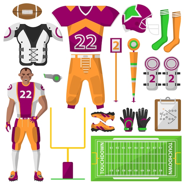 Vector football icons set. , sport equipment and uniform