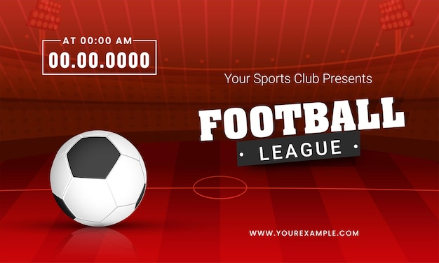 Vector football league-bannerontwerp met realistische voetbal op rode streepachtergrond