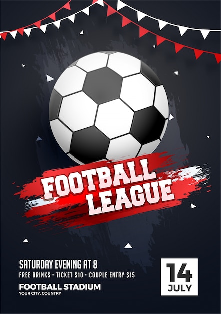 Football league flyer of poster design met voetbal en bunting decoratie.