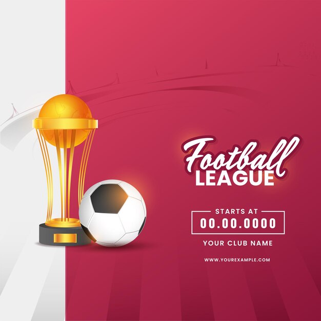Дизайн плаката футбольной лиги с реалистичным золотым кубком трофея по футболу на красном и сером фоне