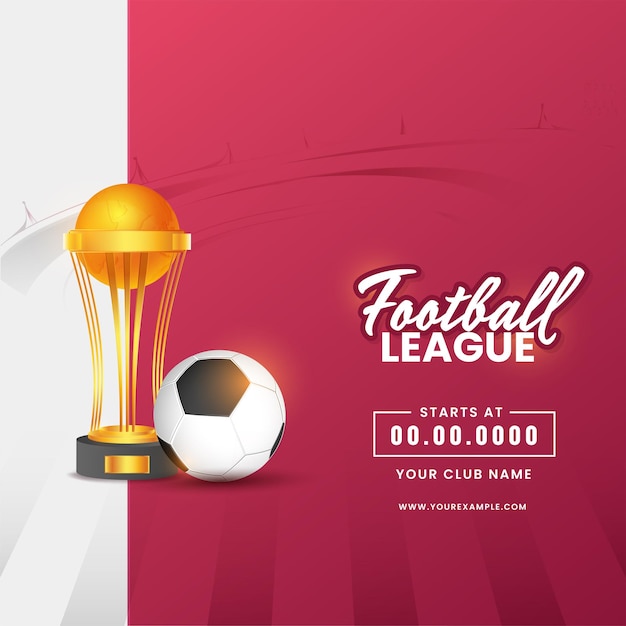 Vector football league poster design with realistic golden trophy cup football on red and gray background