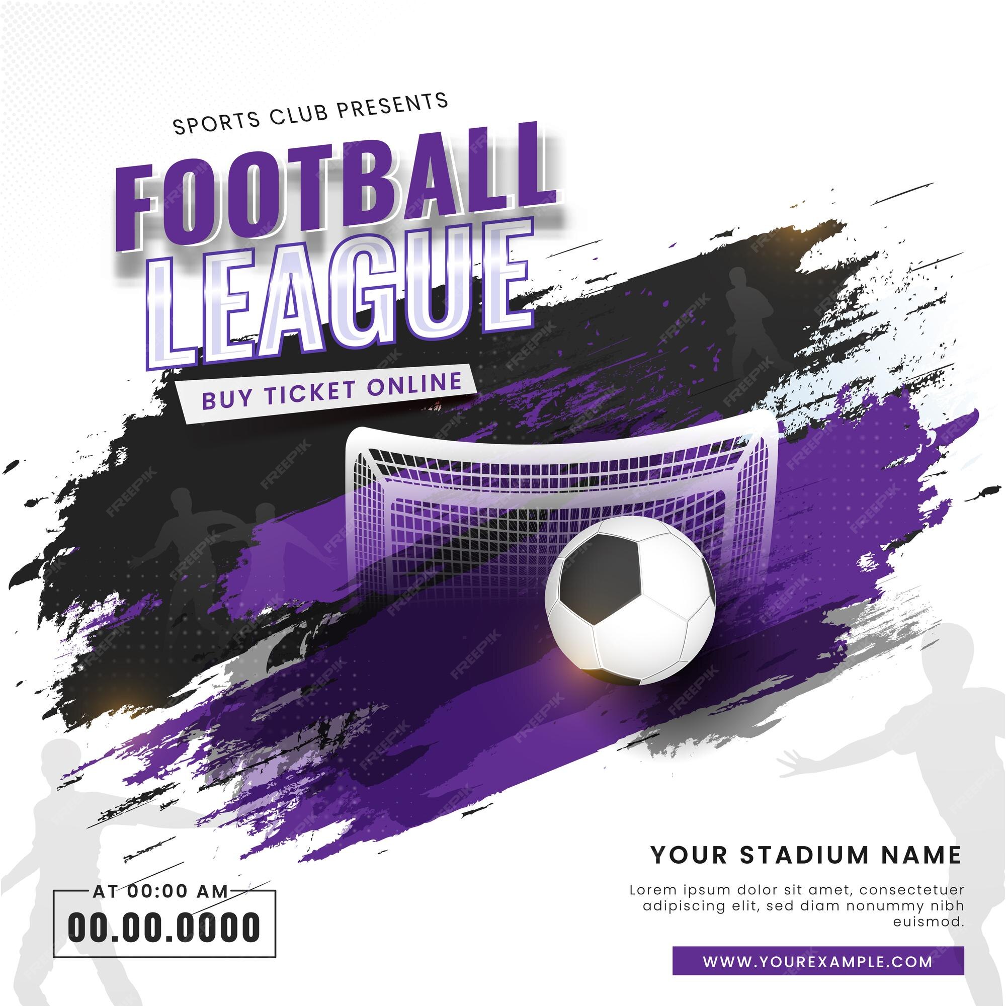 Premium Vector | Football league poster design with realistic soccer ball  goal net brush stroke effect on white background