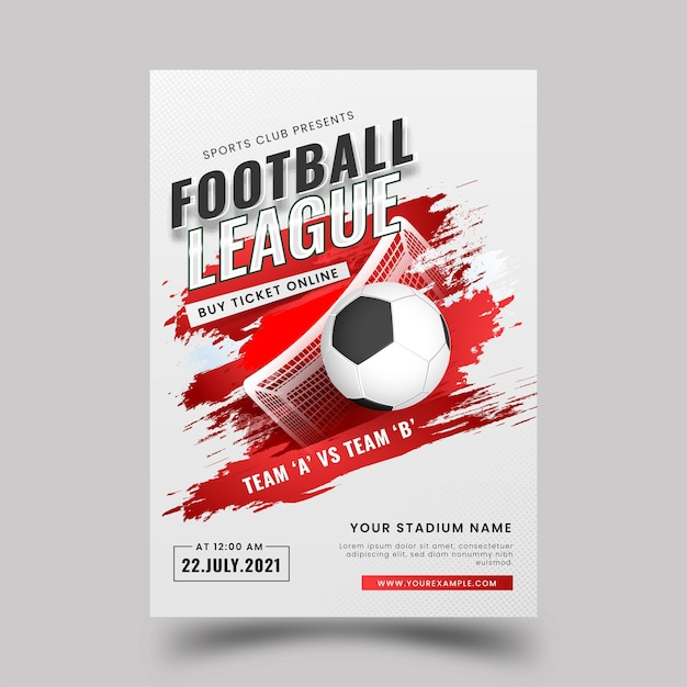 Vettore design del poster della lega di calcio con pallone da calcio realistico ed effetto pennello rosso