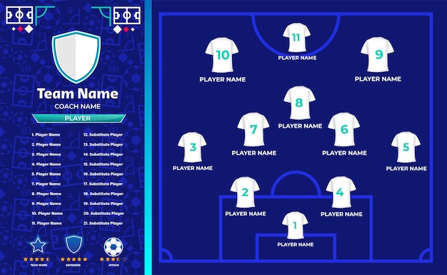 Vettore grafici informativi sulla formazione della squadra di calcio e modello di progettazione del manager