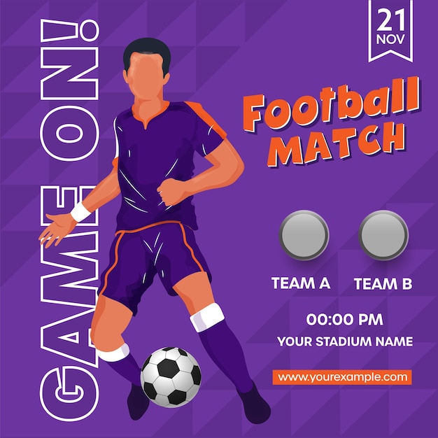 Football Match Game On Font With Faceless Footballer Player Kicking Ball On Purple Geometric Pattern Background