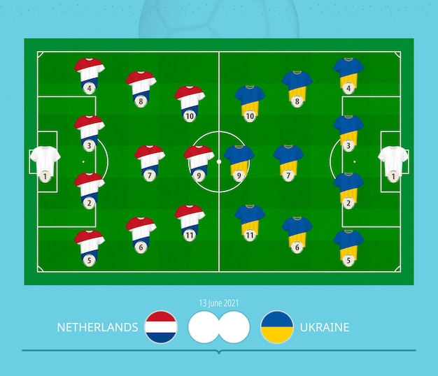 Vector football match netherlands versus ukraine, teams preferred lineup system on football field.