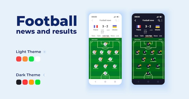 Vector football news and results cartoon smartphone interface vector templates set. mobile app screen page day and dark mode design. live match scores ui for application. phone display