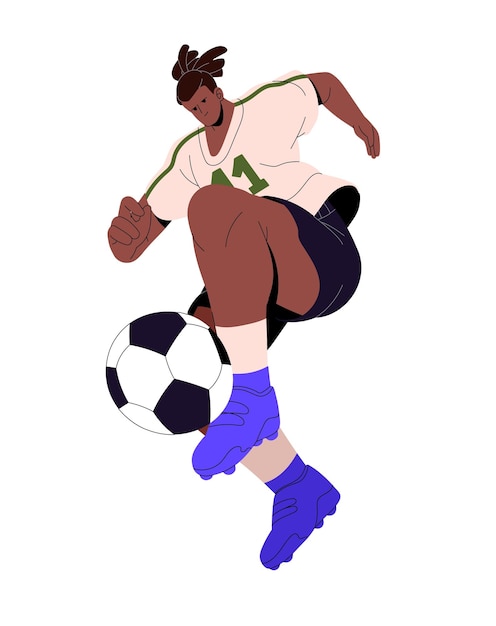 Vector football player kicks ball with foot professional sportsman in soccer shoes plays team sport game young man with dreadlocks training to score goal flat isolated vector illustration on white