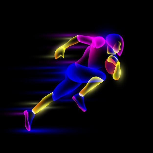 Football player running with the ball Abstract neon transparent overlay layers