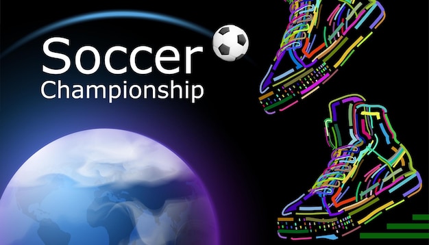 Vettore poster di calcio con scarpe da ginnastica pallone da calcio sullo sfondo del pianeta terra e spazio per il testo