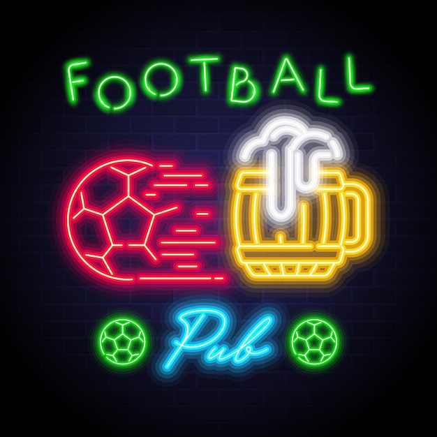 Дизайн логотипа футбола и паба с неоновой светящейся векторной иллюстрацией