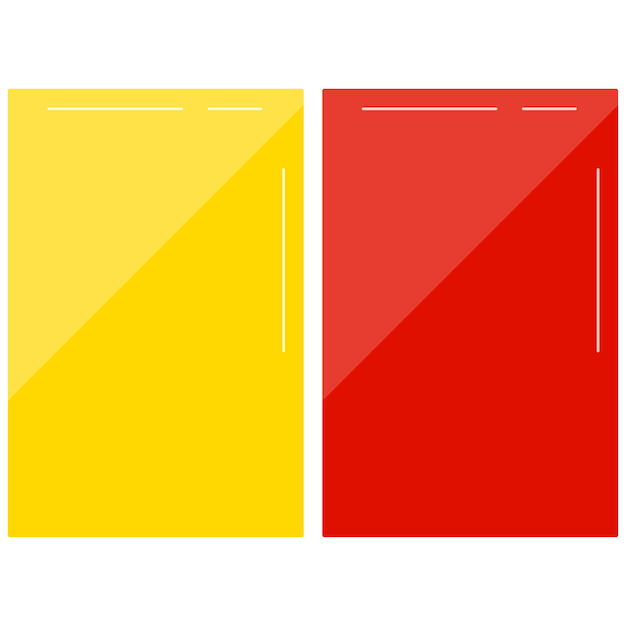 축구 빨간색과 노란색 카드 벡터 집합 흰색 배경에 고립. 평면 디자인 만화 스타일 축구 심판 파울 카드 기호 그림입니다.