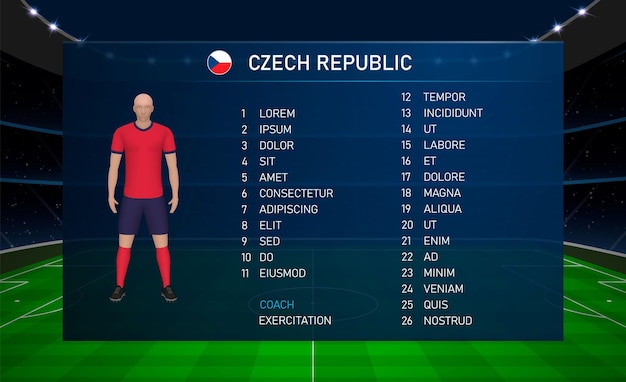 Football scoreboard broadcast graphic with squad soccer team czech republic