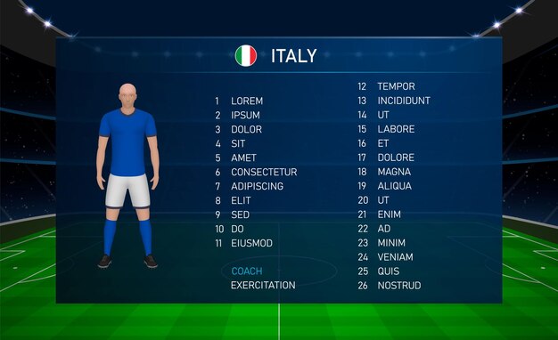 Vector football scoreboard broadcast graphic with squad soccer team italy