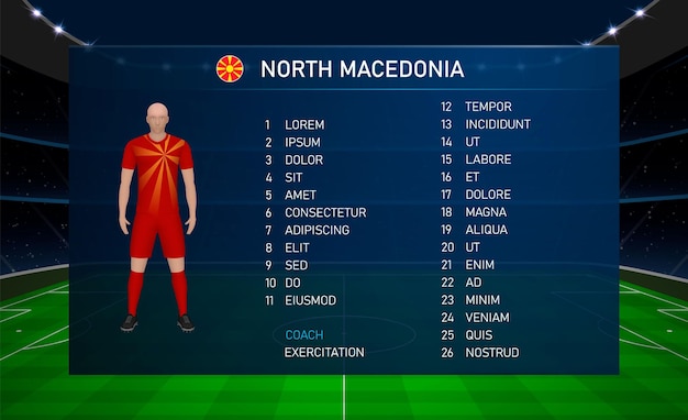 Vector football scoreboard broadcast graphic with squad soccer team north macedonia