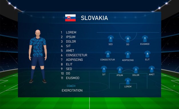 Football scoreboard broadcast graphic with squad soccer team slovakia