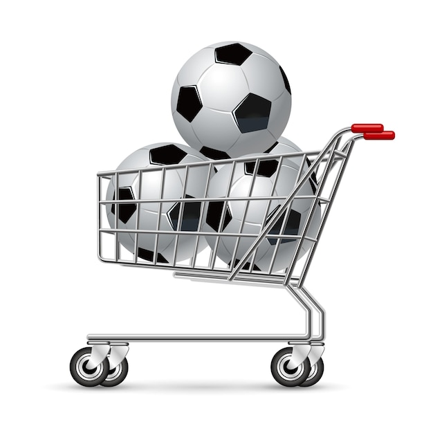 Football in the shopping cart, isolated on white background.