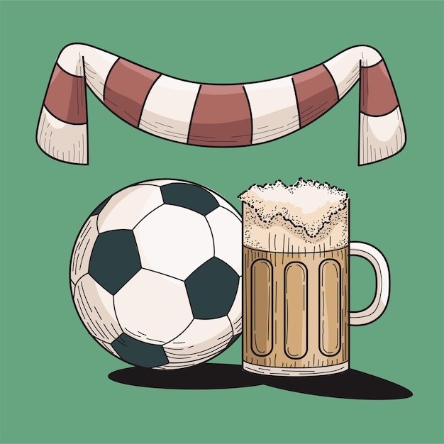 Football soccer ball with a glass of beer and fan's scarf