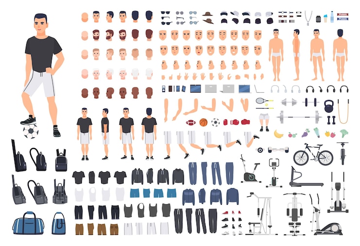  Football or soccer player creation kit. bundle of man's body parts, poses, sports clothes, exercise