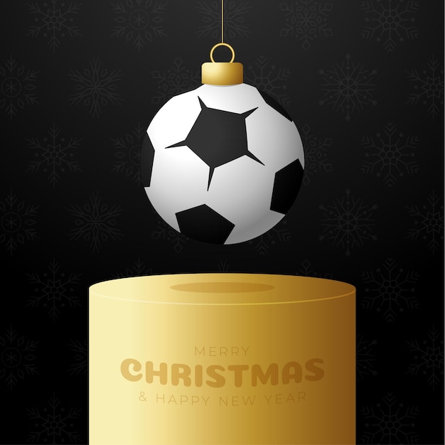 Vector football sport christmas bauble pedestal. merry christmas sport greeting card. hang on a thread soccer, football ball as a xmas ball on golden podium on black background. sport vector illustration.