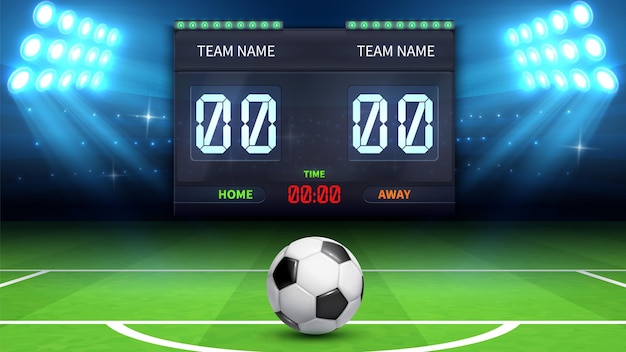 Football stadium background. realistic soccer ball in green field. stadium electronic sport scoreboard soccer time and football match result display vector illustration. stadium soccer, match football