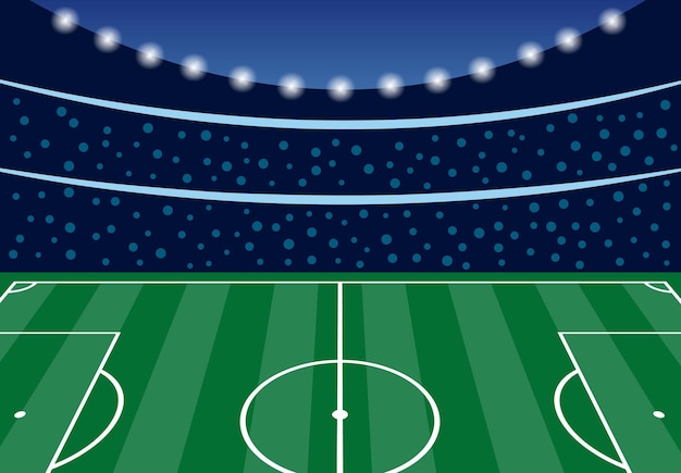 Football stadium with filled tribunes in the evening before the start of the match. Vector illustration