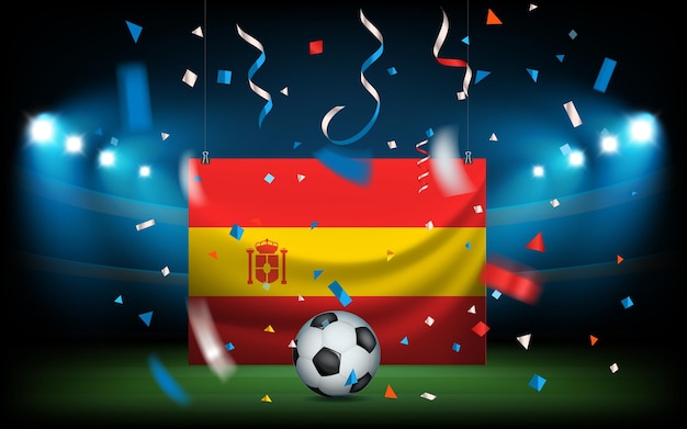 ボールとスペイン国旗のあるサッカースタジアム。ビバスペイン